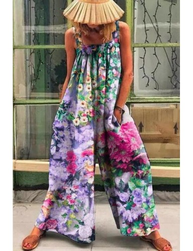 Women's Casual Wide Leg Cami Jumpsuits Floral Art Painting Sling Loose Jumpsuit