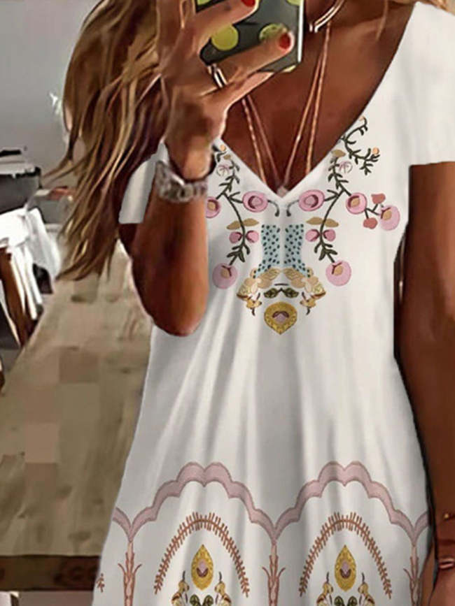 Women's Casual Printed Floral V-Neck Dress