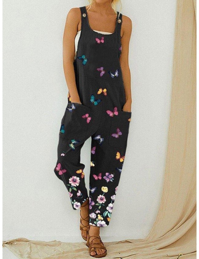 Women's Casual Wide Leg Cami Jumpsuits Floral Butterfly Art Painting Sling Loose Jumpsuit