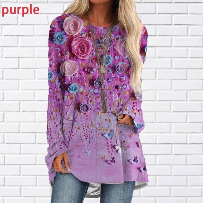 Pink Floral Art Painting Printed Loose Long Sleeve T-shirt Top