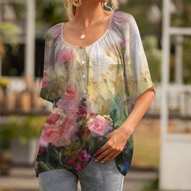 Women's Floral Flower Art Colorful Printed T-Shirt Casual Crew Neck Short Sleeve Top