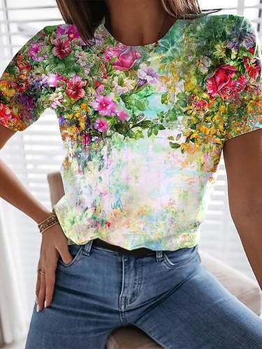 Floral Flower Printed Short Sleeve T-shirt Loose Top