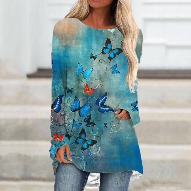 Colorful Floral Art Painting Printed Long Sleeve Loose T-shirt Top