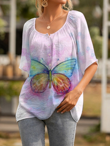 Women's Butterfly Art Colorful Printed T-Shirt Casual Crew Neck Short Sleeve Top