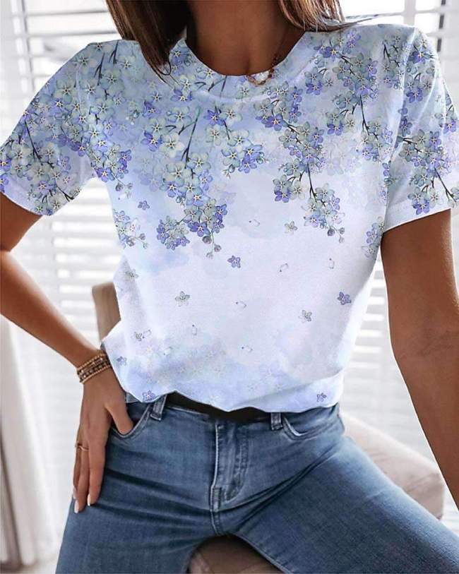 Floral Flower Printed Short Sleeve T-shirt Loose Top