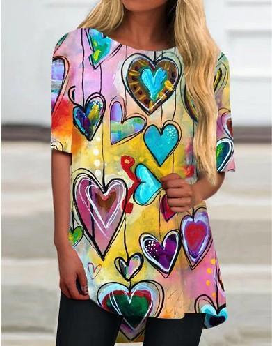 Colorful Heart Printed Short Sleeve Loose T-shirt Top