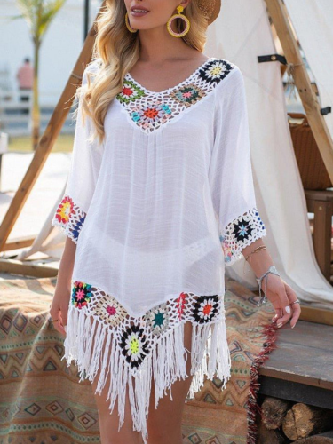 White Bikini Cover Up With Tassel Women Sexy Hollow Tunic Beach Dress Summer Bathing Suit Beach Outfit