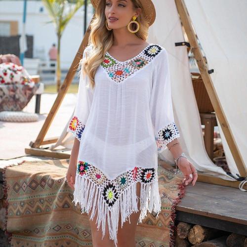 White Bikini Cover Up With Tassel Women Sexy Hollow Tunic Beach Dress Summer Bathing Suit Beach Outfit