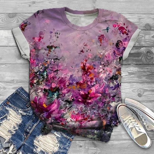 Casual Botanical Art Painting Printed T-Shirt