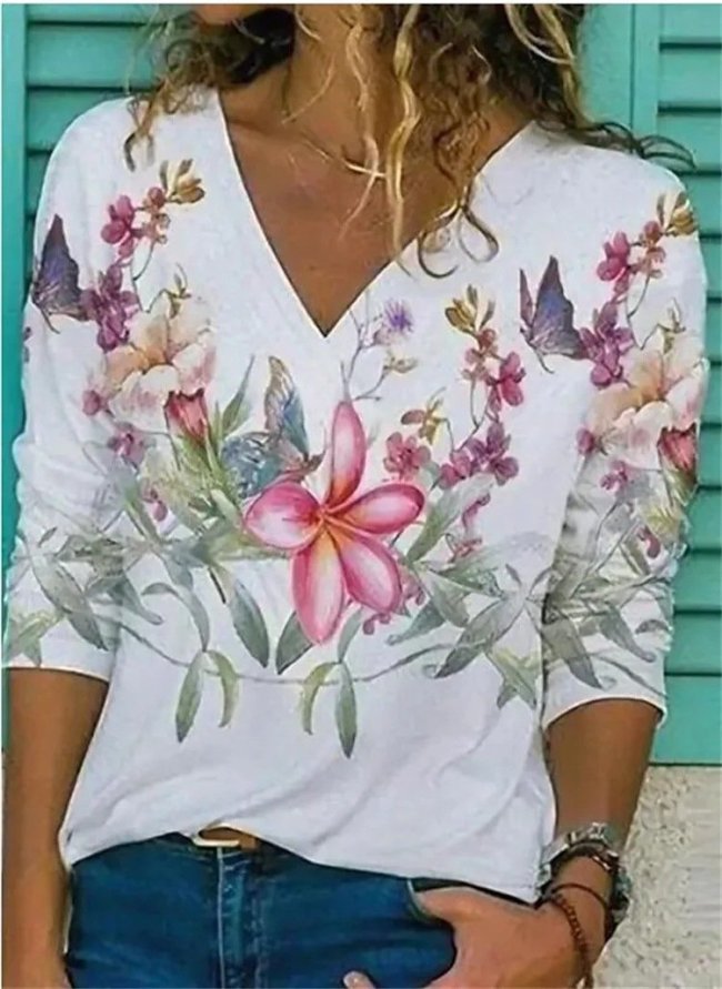 Butterfly Floral Art Painting Printed V Neck Long Sleeve T-shirt Top
