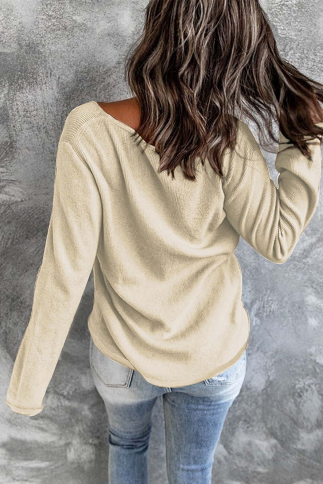 Beige Ribbed Knit Long Sleeve Blouse Top
