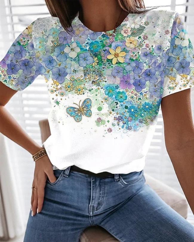 Floral Flower Printed Short Sleeve T-shirt Loose Top