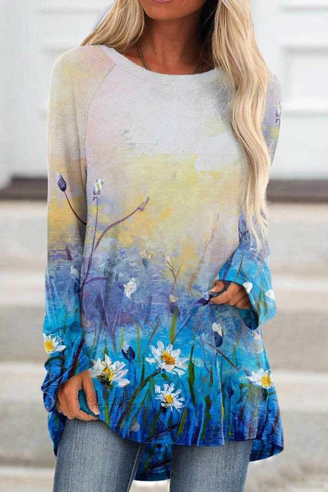 Colorful Floral Art Painting Printed Long Sleeve Loose T-shirt Top