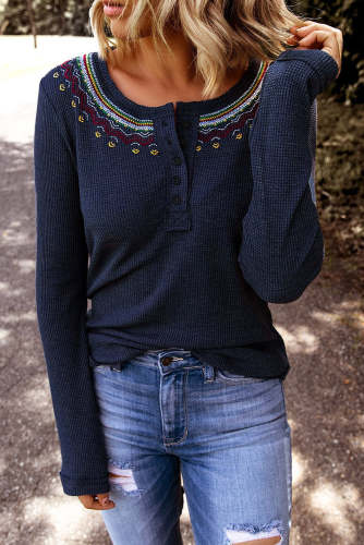Embroidered Waffle Long Sleeve Top