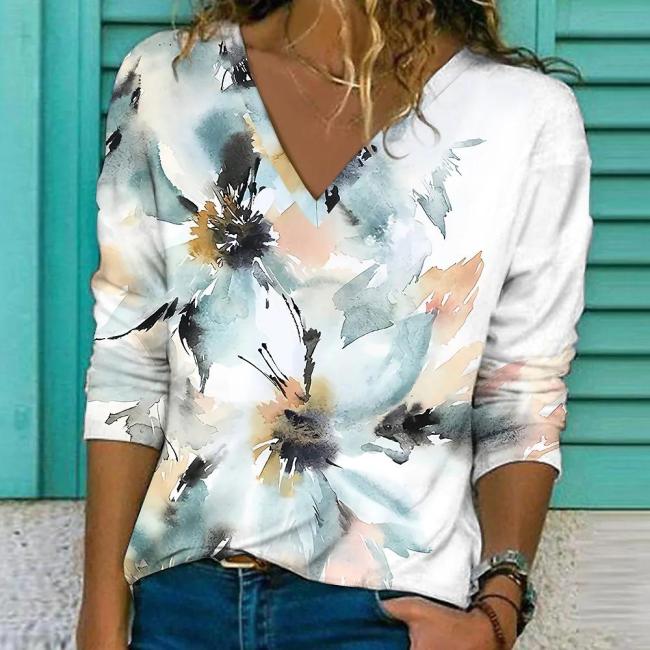 Butterfly Floral Art Painting Printed V Neck Long Sleeve T-shirt Top
