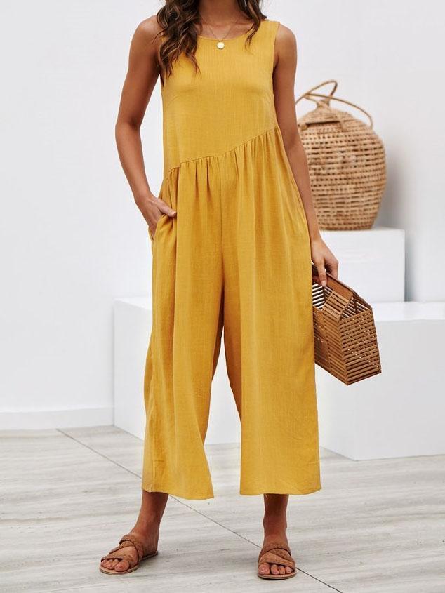 Round Neck Sleeveless Pocket Vest Jumpsuit