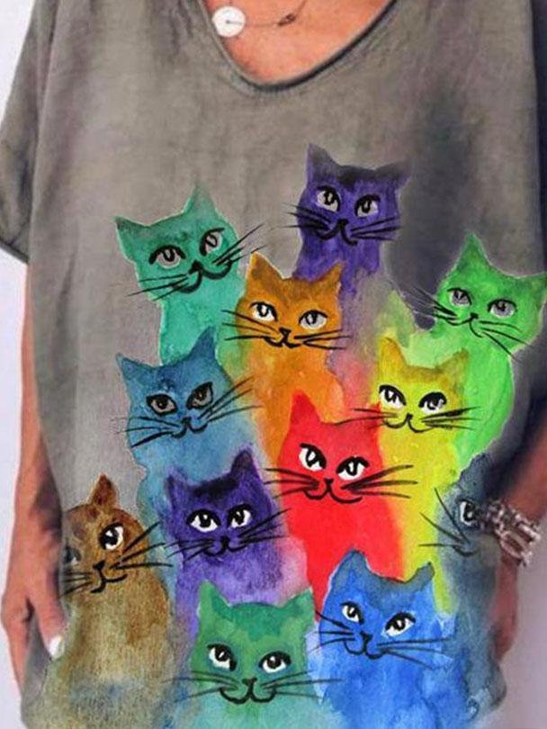 Cat Print Casual Loose V-neck Short Sleeve T-shirt