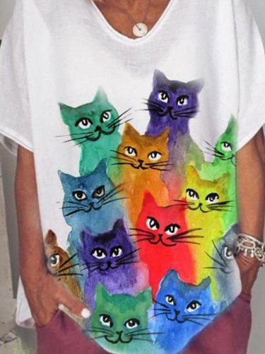 Cat Print Casual Loose V-neck Short Sleeve T-shirt