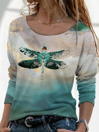 Women's T-Shirts Dragonfly Print Crew Neck Long Sleeve T-Shirt