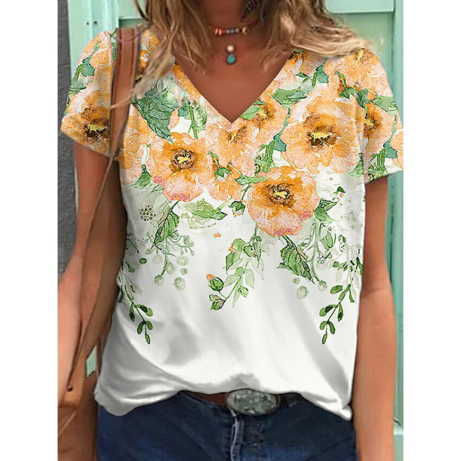 Women Casual Loose Short Sleeve Top Floral Art Painting T Shirt V Neck T-shirt Retro Blouse