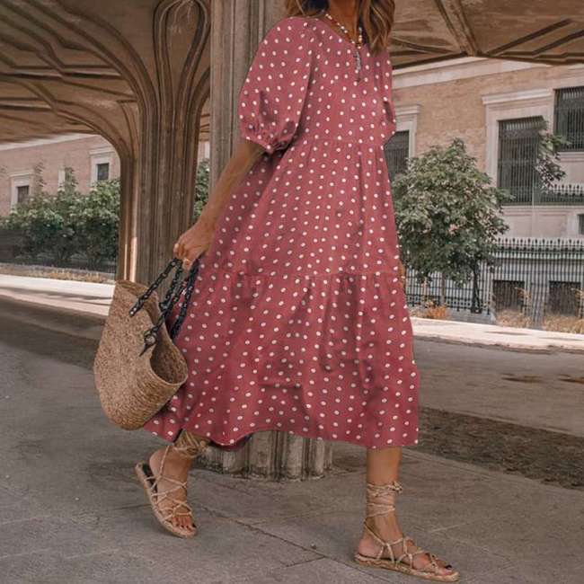 Women's Vintage Maxi Dress Puff Sleeve Polka Dot Print Holiday Casual Dress