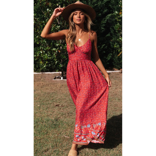 Women's Bohemian Maxi Dress V-Neck Slip Floral Beach Holiday Boho Dress
