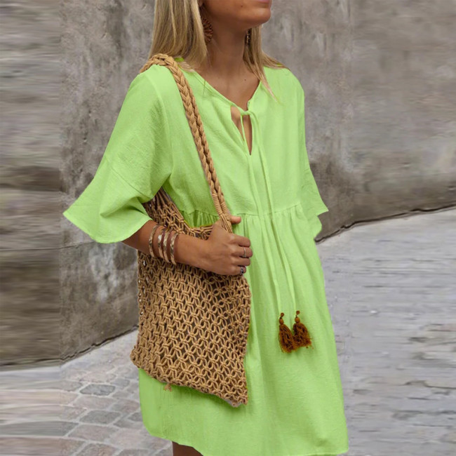 Women's Casual Summer Dress Solid Color V-Neck Mini Dress