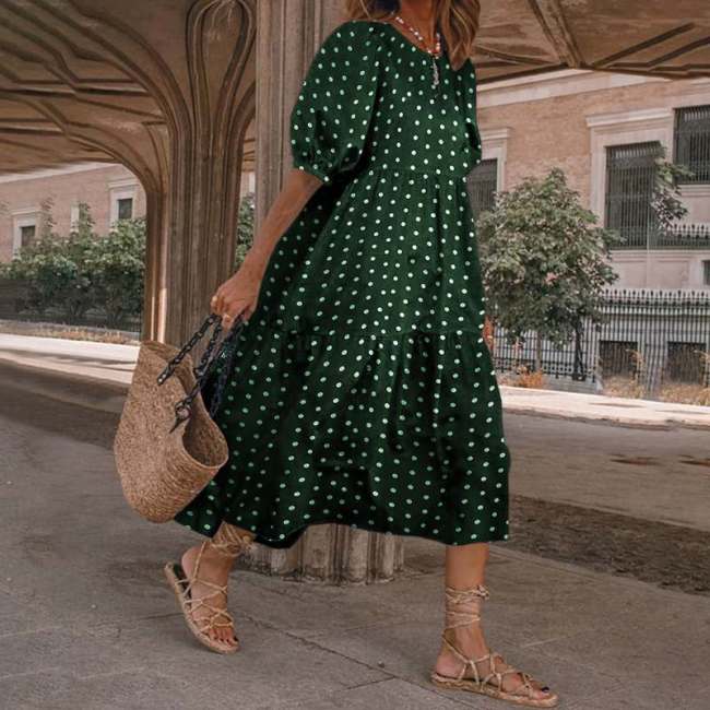 Women's Vintage Maxi Dress Puff Sleeve Polka Dot Print Holiday Casual Dress