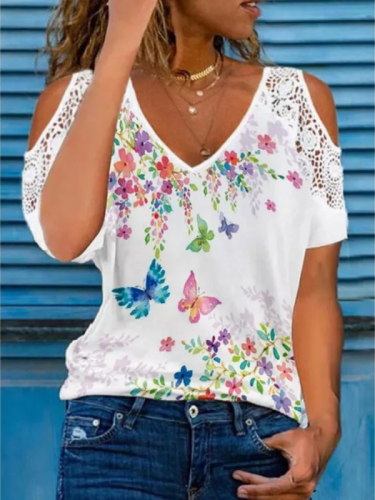 Women Casual Lace Short Sleeve Flower Print T-Shirt V Neck Off Shoulder Blouse Top