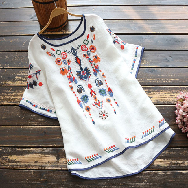 Women's Loose Blouse Floral Embroidery Linen T-Shirt Top