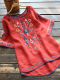 Women's Loose Blouse Floral Embroidery Linen T-Shirt Top