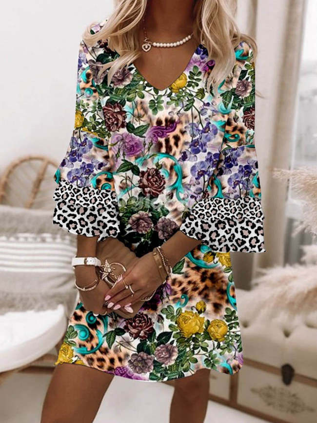 Women's Leopard Floral Midi Summer Holiday Dress