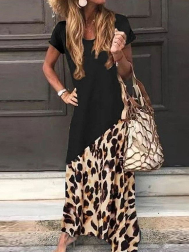 Short Sleeve Leopard Print Casual Loose Panel Maxi Dress