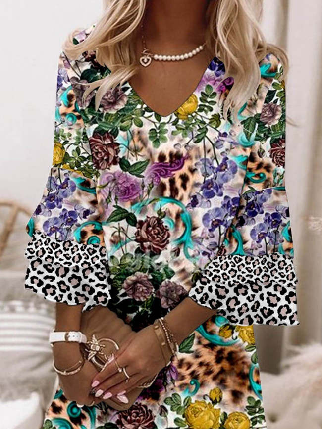 Women's Leopard Floral Midi Summer Holiday Dress