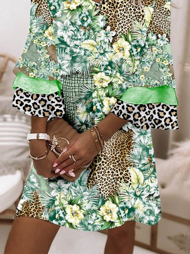 Women's Leopard Green Floral Flared Sleeve Midi Dress