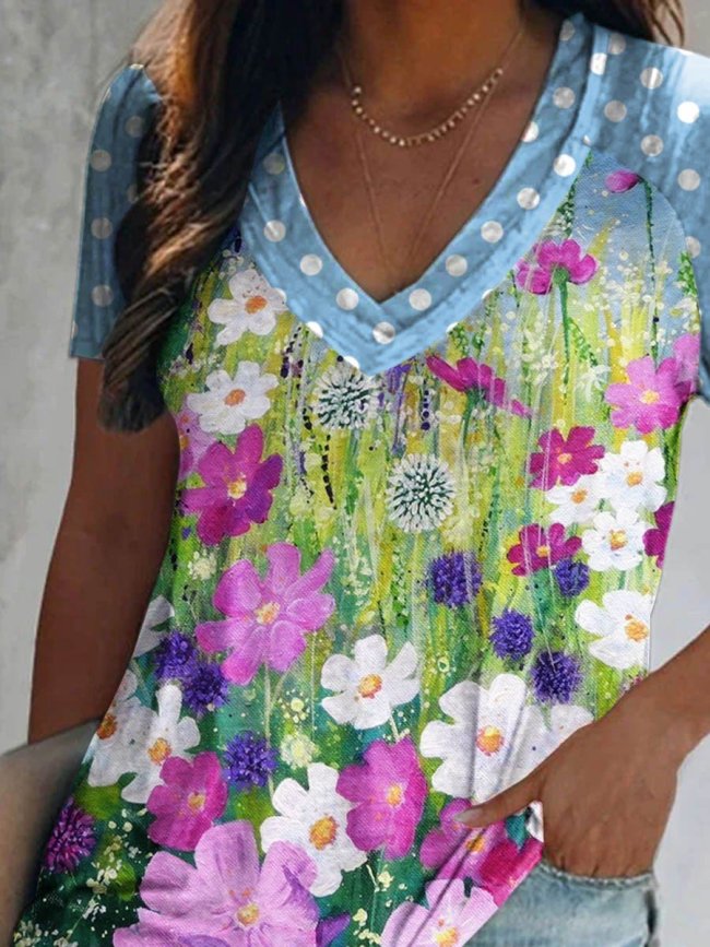 Women's Art Flower Painting V-neckT-shirt