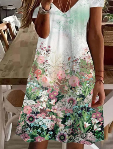 Ethnic Floral Print Short Sleeve V Neck Midi Dress