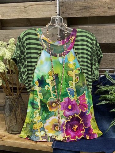 Women's Green Art Flower Leopard Painting Casual T-Shirt Top