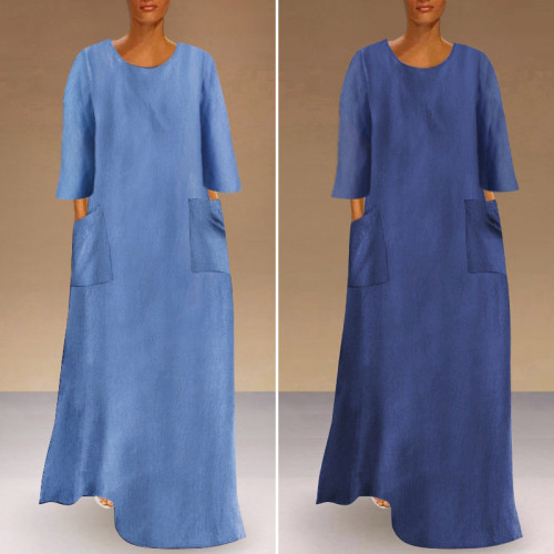 Crew Neck Pullover Solid Color Plus Size Loose Casual Mid-Sleeve Denim Dress Maxi Dress with Pocket