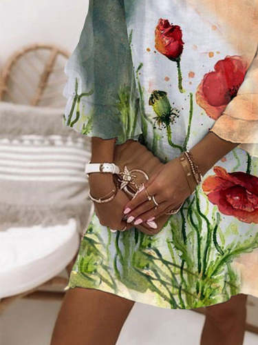 Women's Floral Print Casual Flared Sleeve Summer Holiday Boho Dress