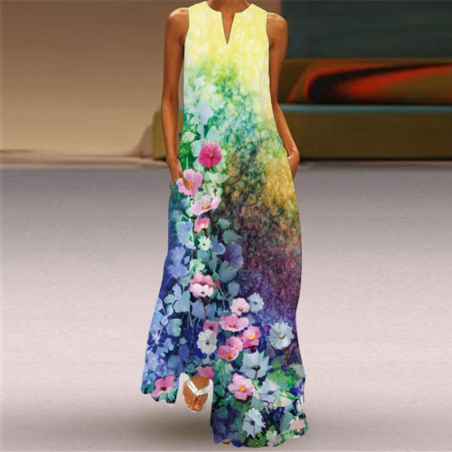 Womens Vintage Print Maxi Dress V-Neck Multicolor Sleeveless Dress