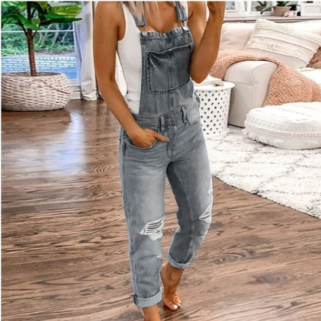 Women's Jumpsuits Ripped Washed Denim Slim Strap Jumpsuit