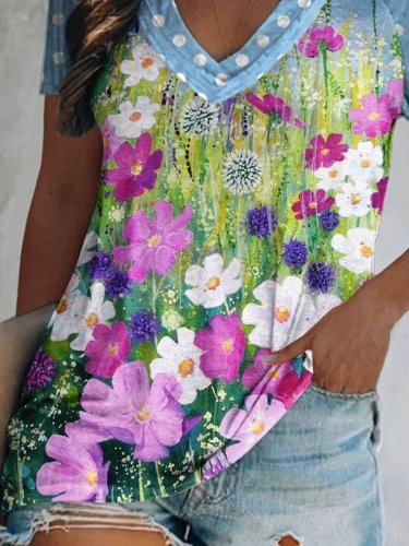 Women's Art Flower Painting V-neckT-shirt