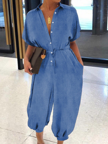 Women's Plus Size Loose Lapel Short Sleeve Tie Waist Jumpsuit