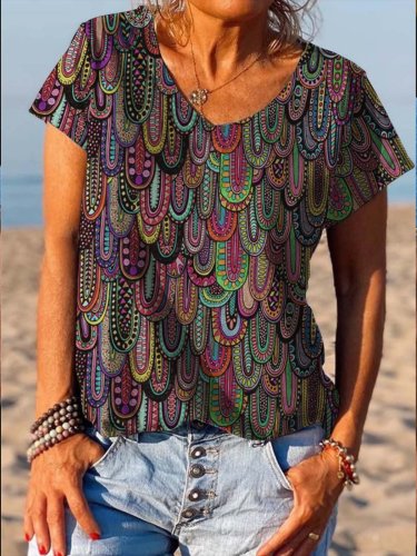 Women's New Summer Retro Style Printed Short-sleeved V-neck T-shirt