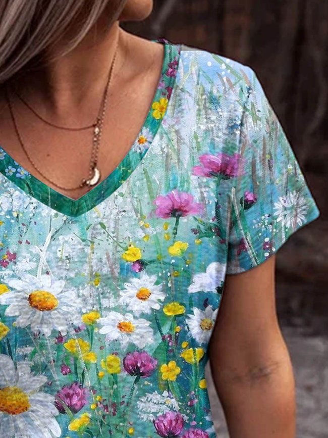 Women's Art Flower V-neckT-shirt Top