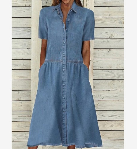 Womens Denim Dress Solid Single Breasted Pocket Slim Fit Long Midi Denim Dress
