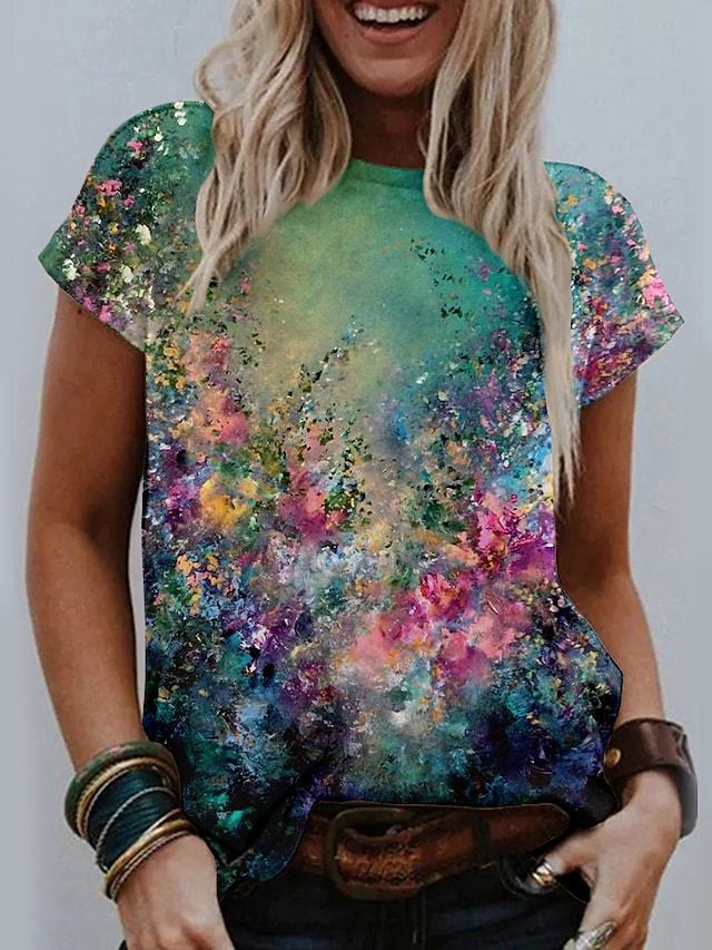Women's Floral Theme Abstract Painting T shirt Floral Oiling Print Round Neck Basic Vintage Tops Green / 3D Print