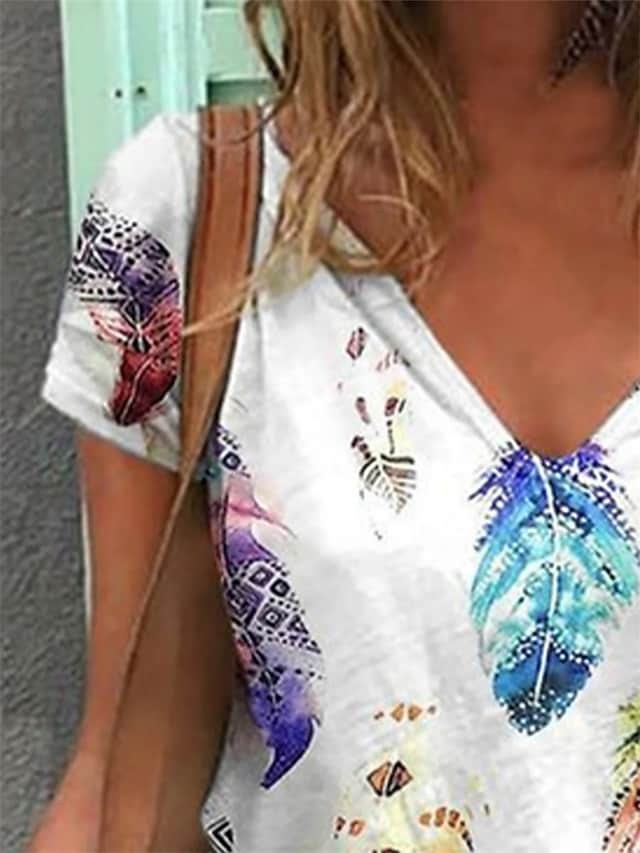 Women's Floral Theme T shirt Leaf V Neck Basic Tops White / 3D Print