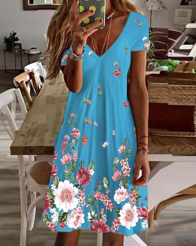 Women's Casual Short Sleeve V-Neck Floral Printed Dresses